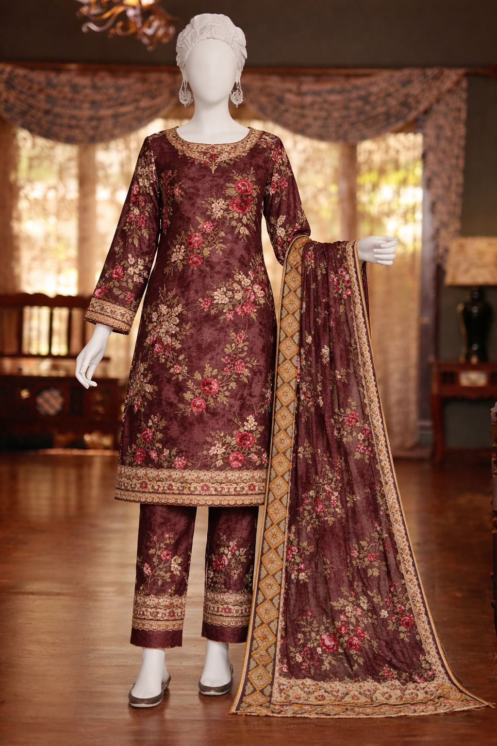 3pc dress Dhanak marina  Shirt Dhanak Front Heavy Embroidered Along Daman Patch  Dupatta Dhanak Jacquard  Trouser dhanak