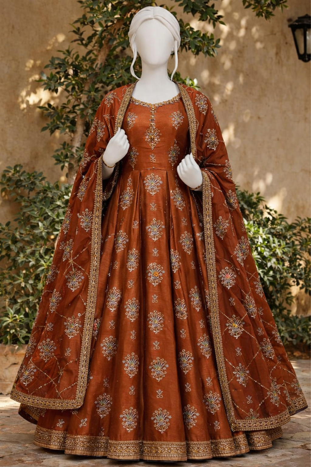 Elegant Rust Brown Embroidered Unstitched Suit Fabric