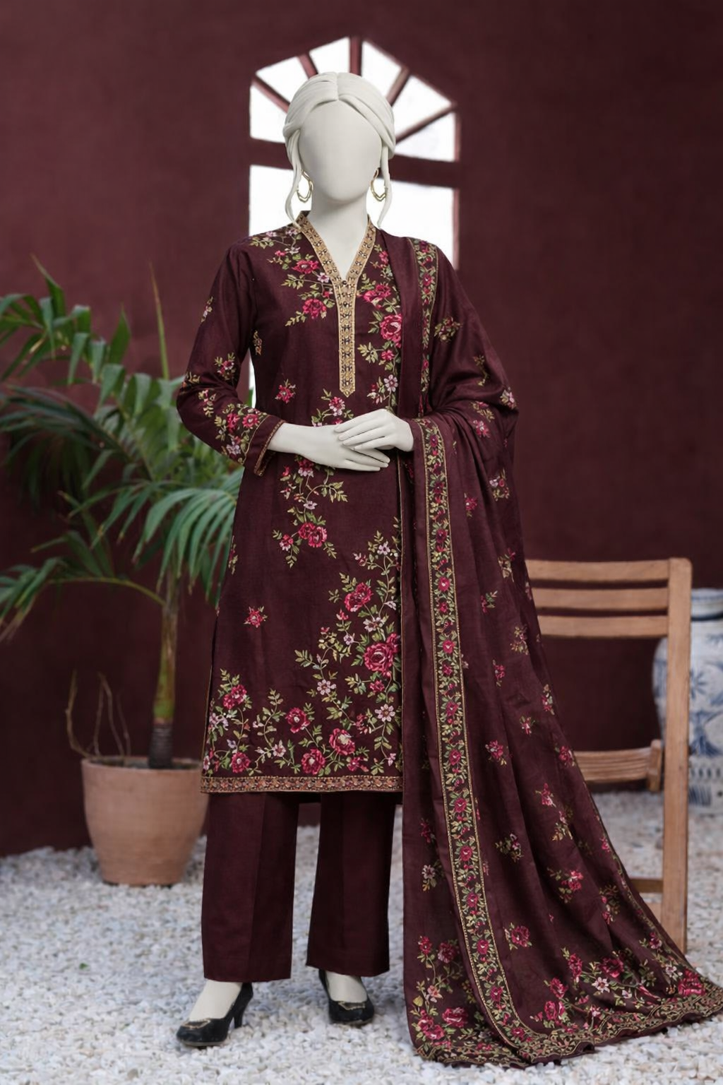 Elegant Maroon Floral Embroidered 3-Piece Suit with Dupatta