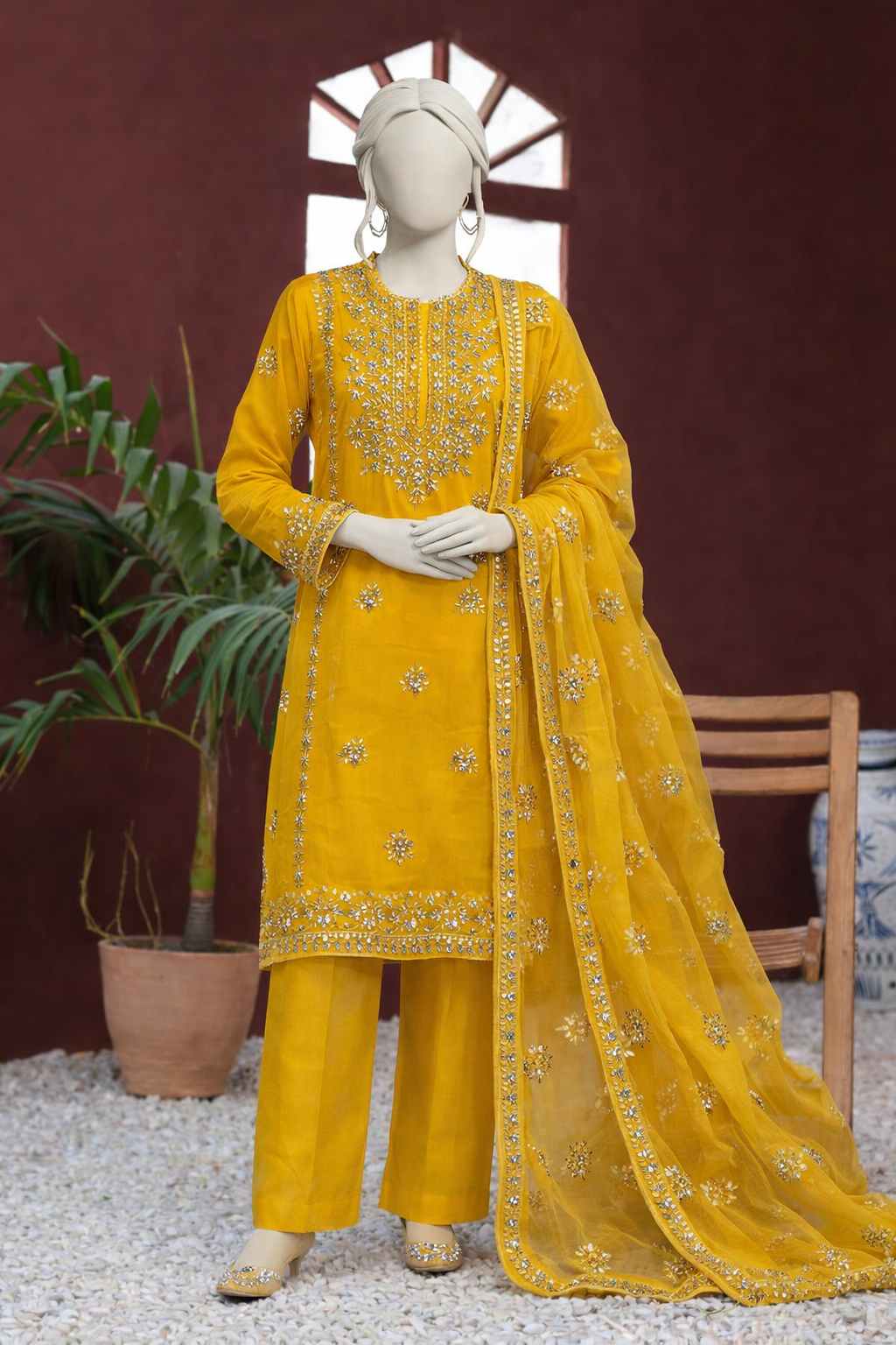 Elegant Mustard Yellow Embroidered 3-Piece Suit