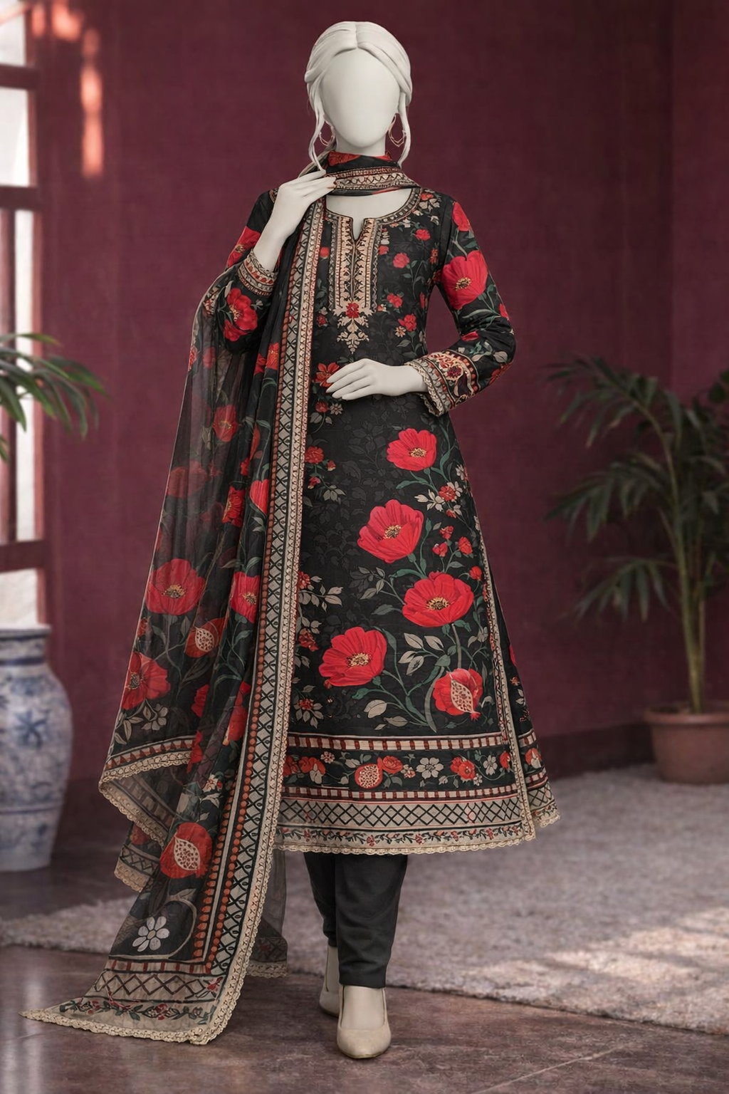 Black Floral Printed Lawn Suit with Elegant DupattaDescription: