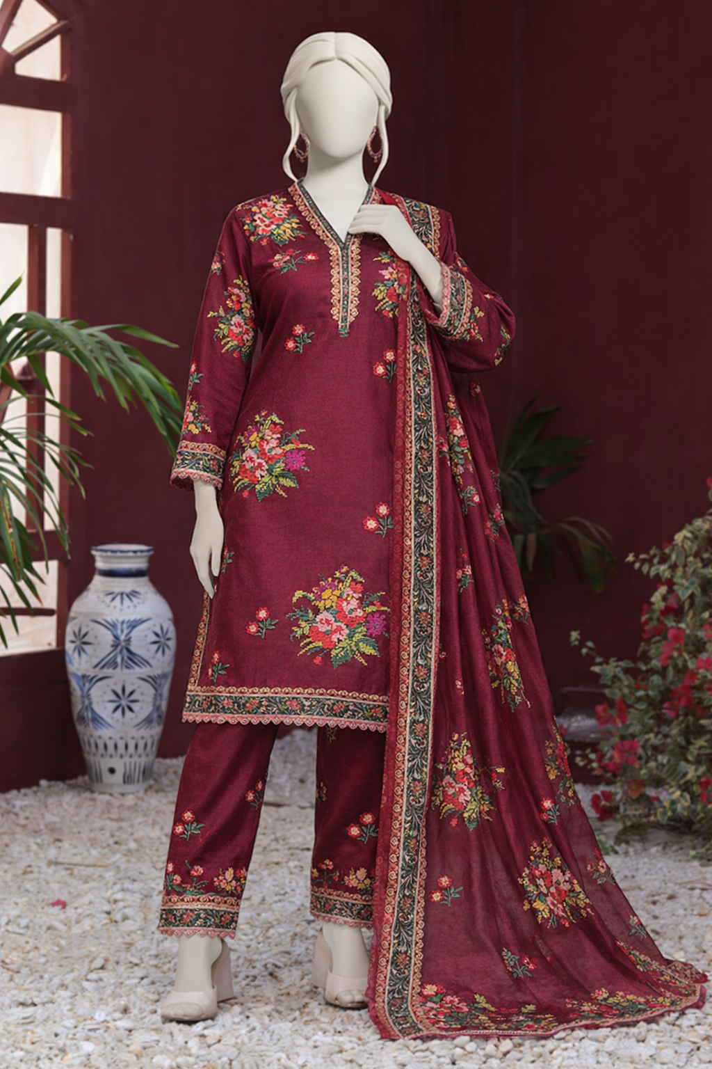 3-Piece Dhanak Marina Embroidered Cross Stitch Suit with Dupatta & Trouser
