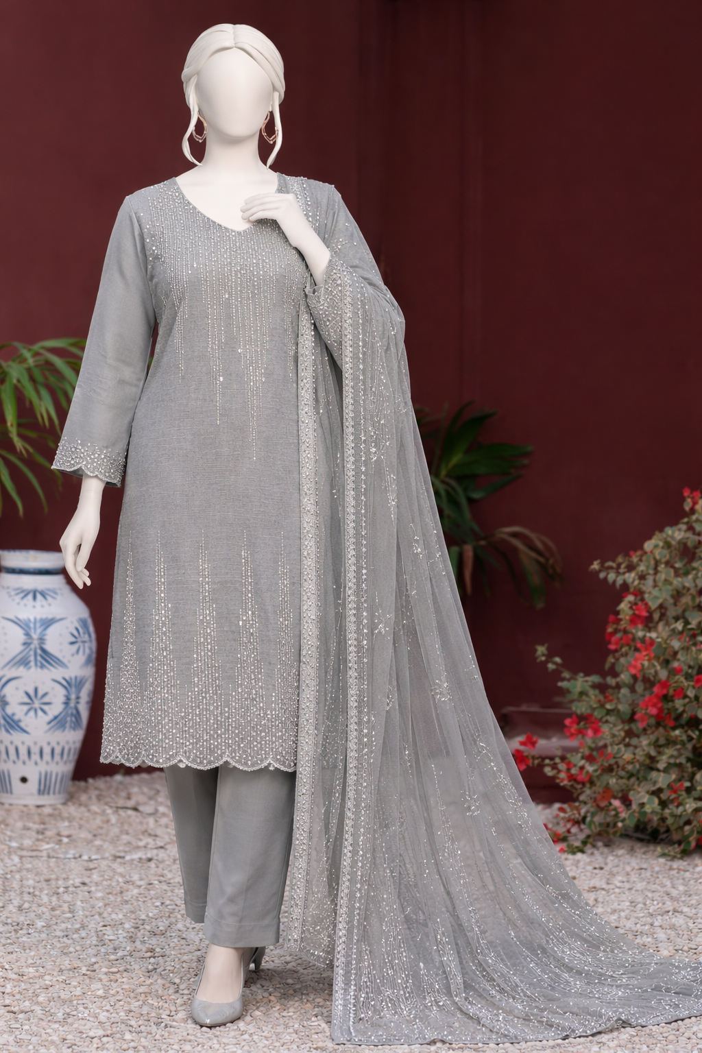 Elegant Grey 3-Piece Khaddar Dress with Sequence Embroidery