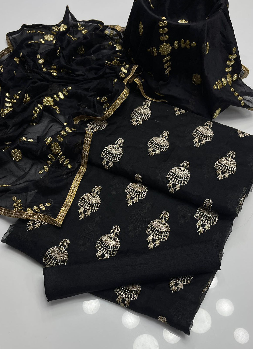 3pc dress fancy  Shirt organza embroidered with sequence work  Dupatta gotta silk  Trouser Kathan