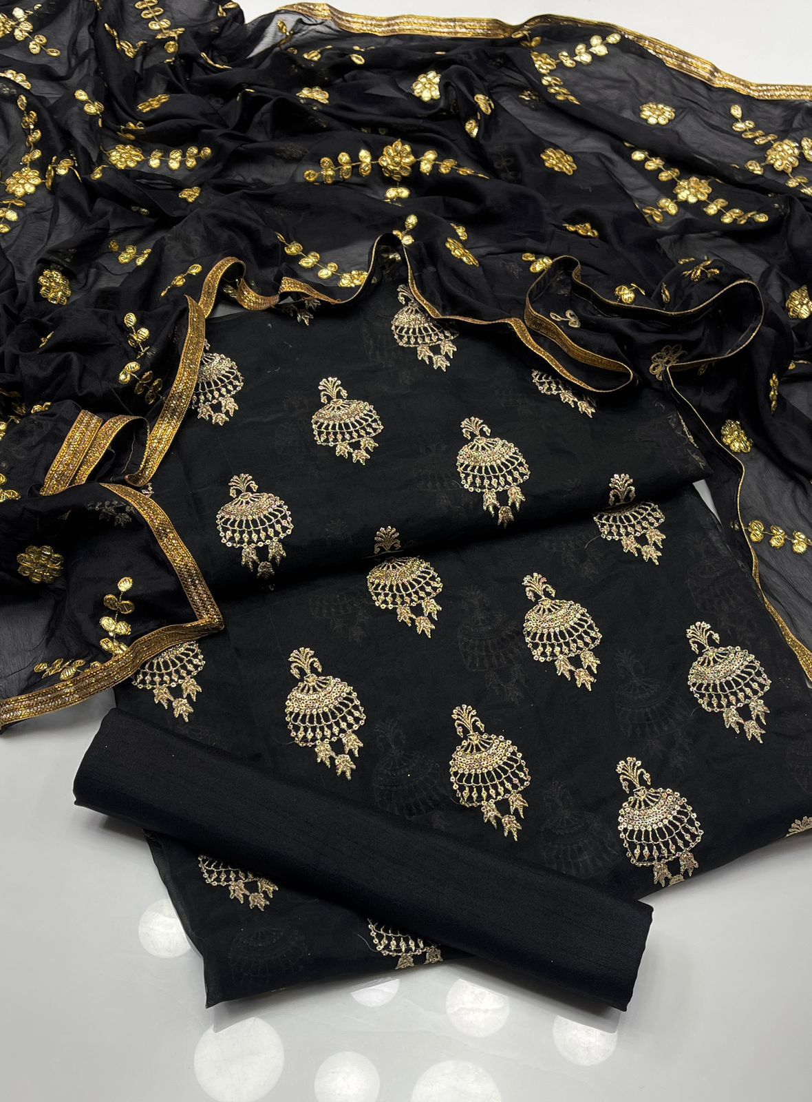 3pc dress fancy  Shirt organza embroidered with sequence work  Dupatta gotta silk  Trouser Kathan