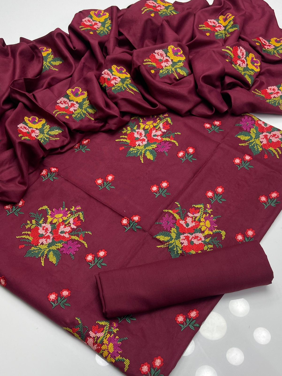 3-Piece Dhanak Marina Embroidered Cross Stitch Suit with Dupatta & Trouser