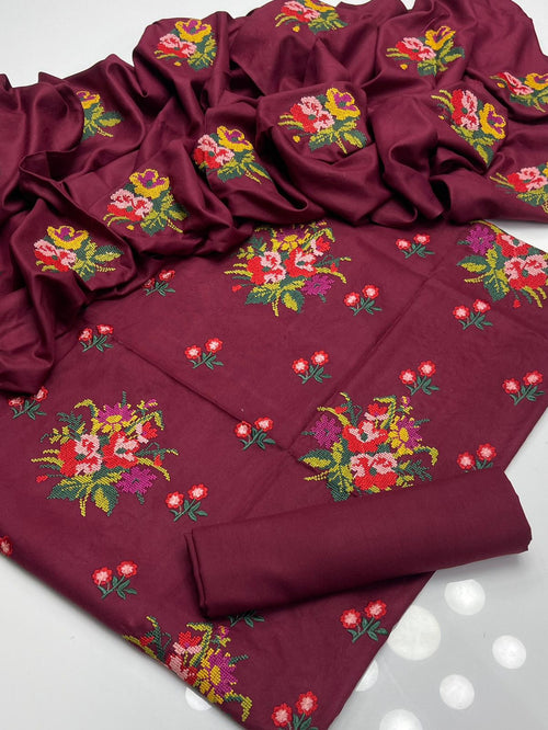 3-Piece Dhanak Marina Embroidered Cross Stitch Suit with Dupatta & Trouser