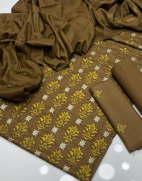 3-Piece Elegant Brown Embroidered Salwar Kameez with Matching Dupatta