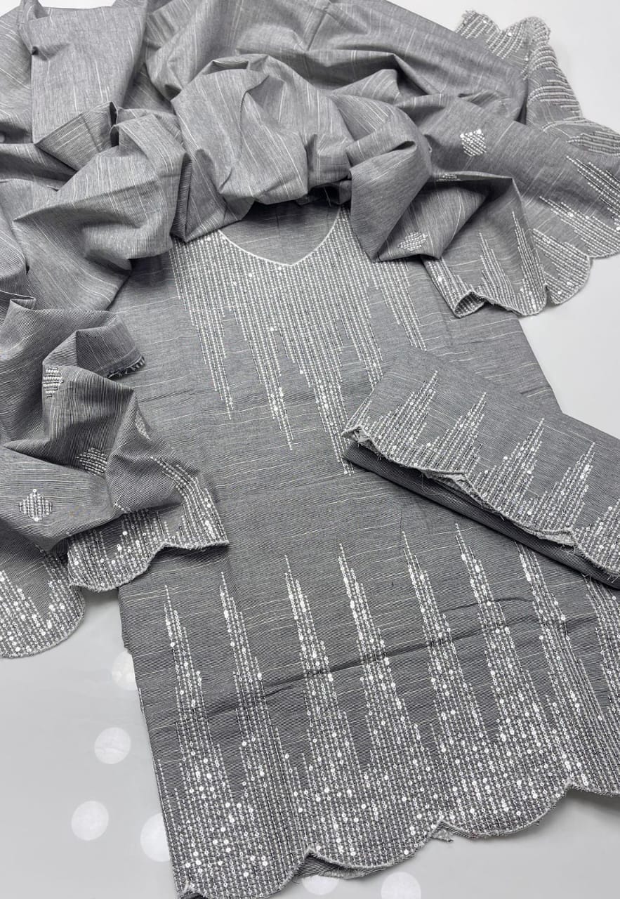 Elegant Grey 3-Piece Khaddar Dress with Sequence Embroidery