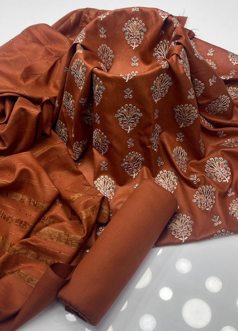 Elegant Rust Brown Embroidered Unstitched Suit Fabric