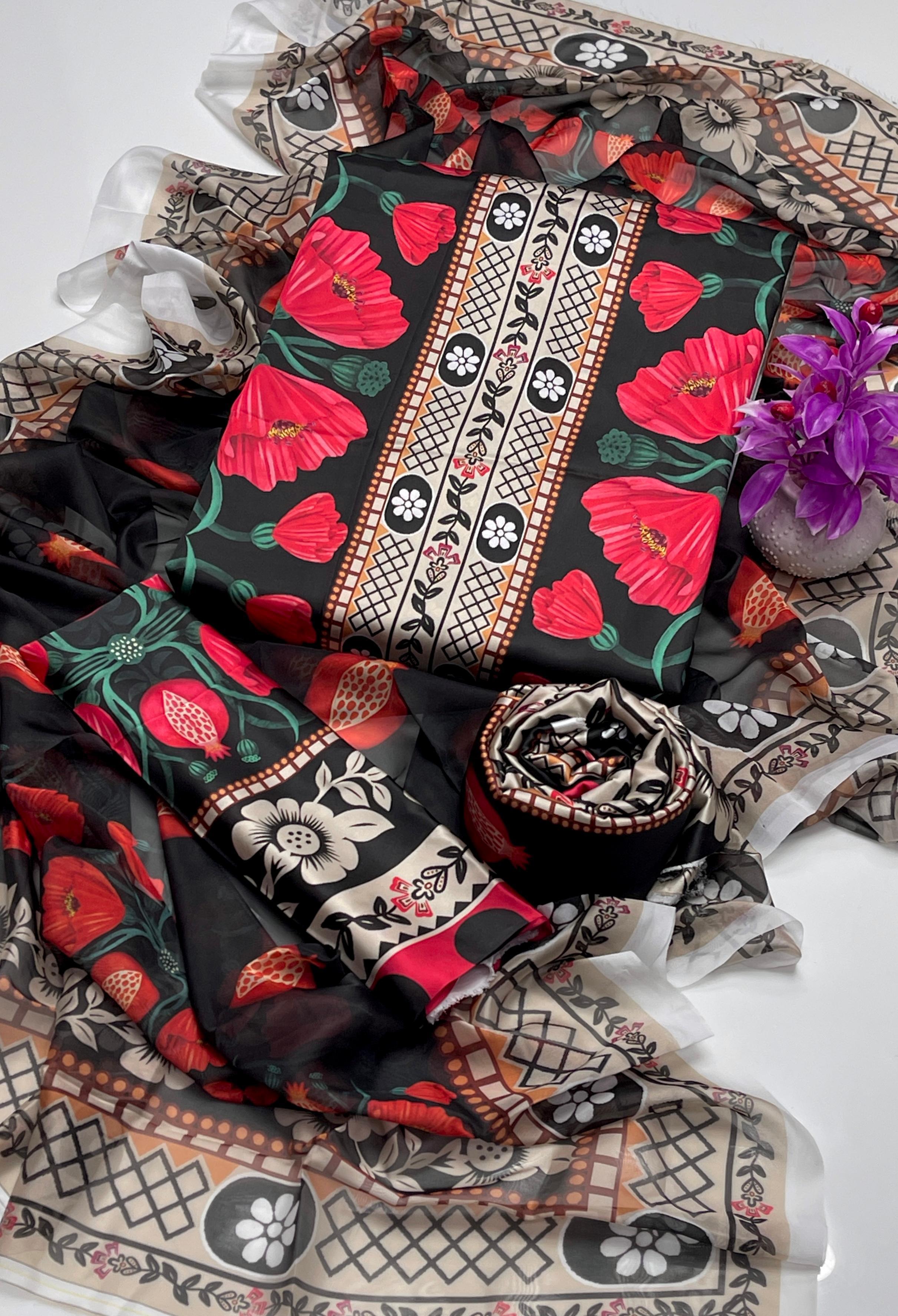 Black Floral Printed Lawn Suit with Elegant DupattaDescription: