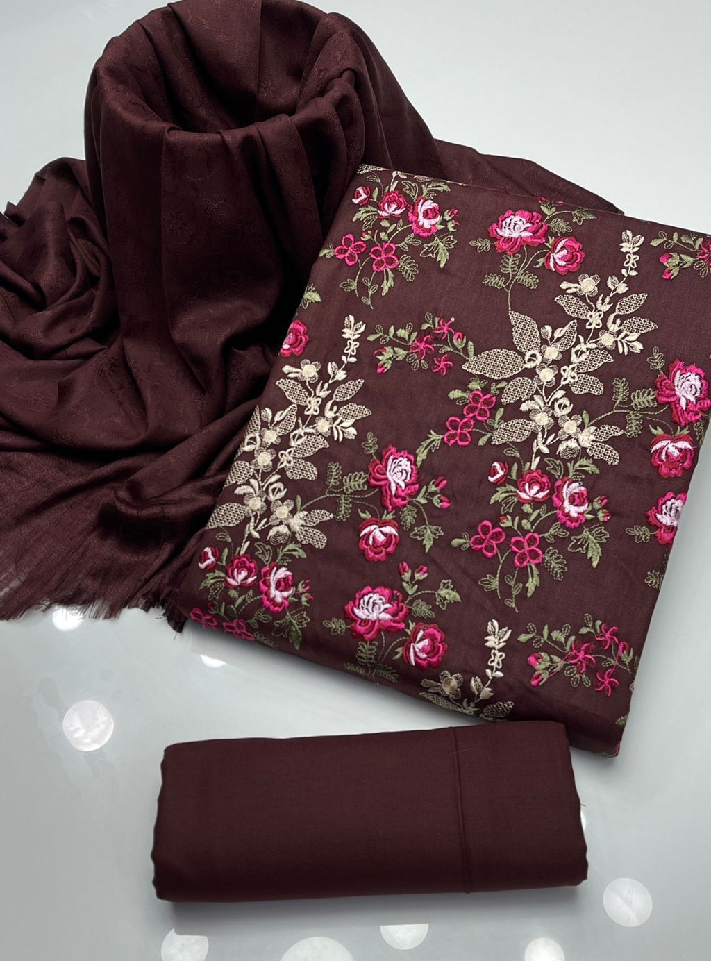 3pc dress Dhanak marina  Shirt Dhanak Front Heavy Embroidered Along Daman Patch  Dupatta Dhanak Jacquard  Trouser dhanak