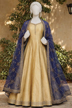 Elegant Golden Anarkali Dress with Navy Blue Embroidered Dupatta