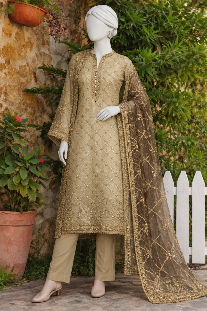 Elegant Golden Embroidered 3-Piece Suit with Luxury Dupatta