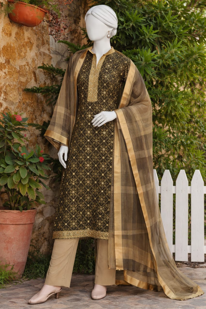 Elegant Black & Gold Embroidered 3-Piece Suit with Jacquard Dupatta