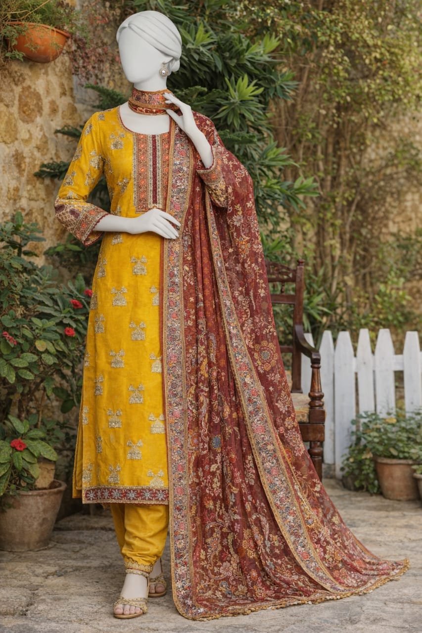 Mustard Yellow Embroidered Suit with Maroon Printed Dupatta