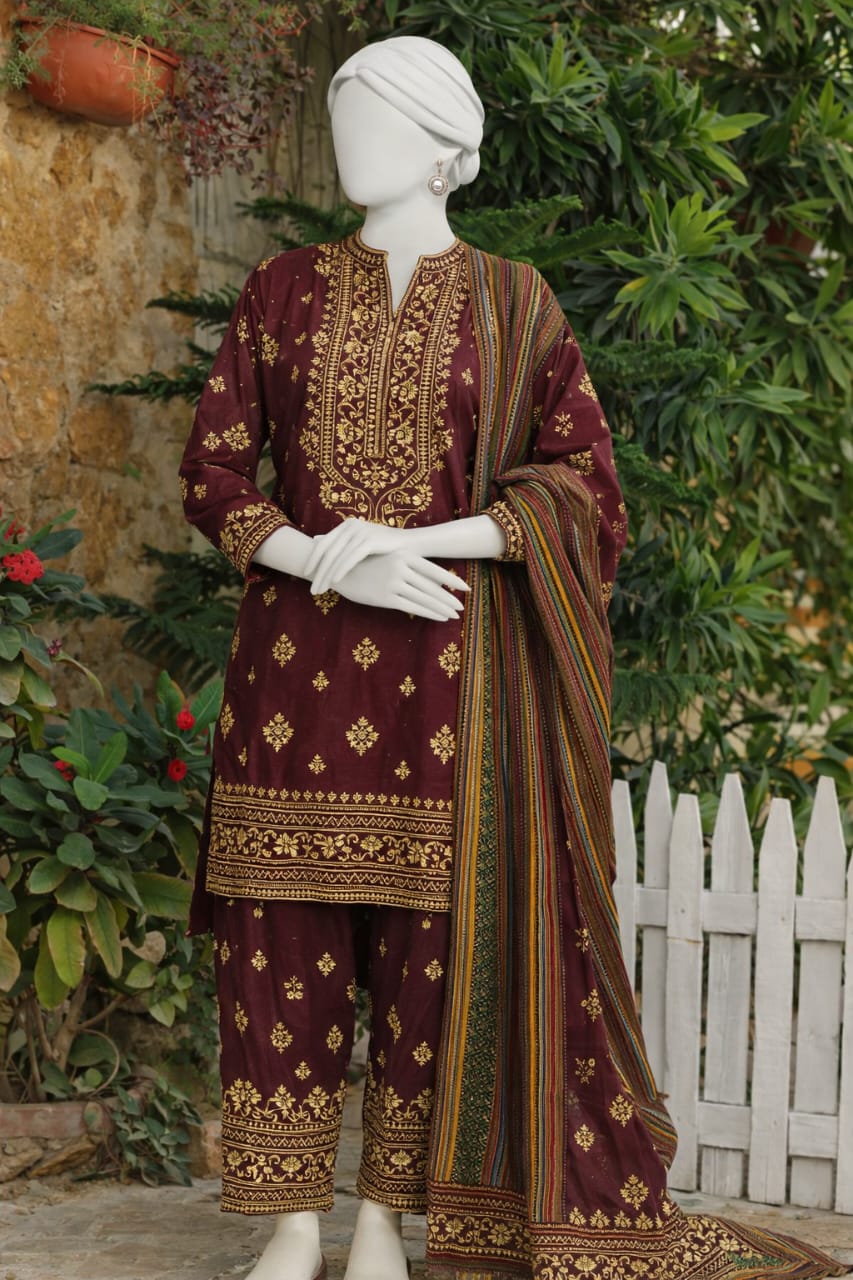Elegant Maroon Embroidered Lawn Suit with Printed Dupatta