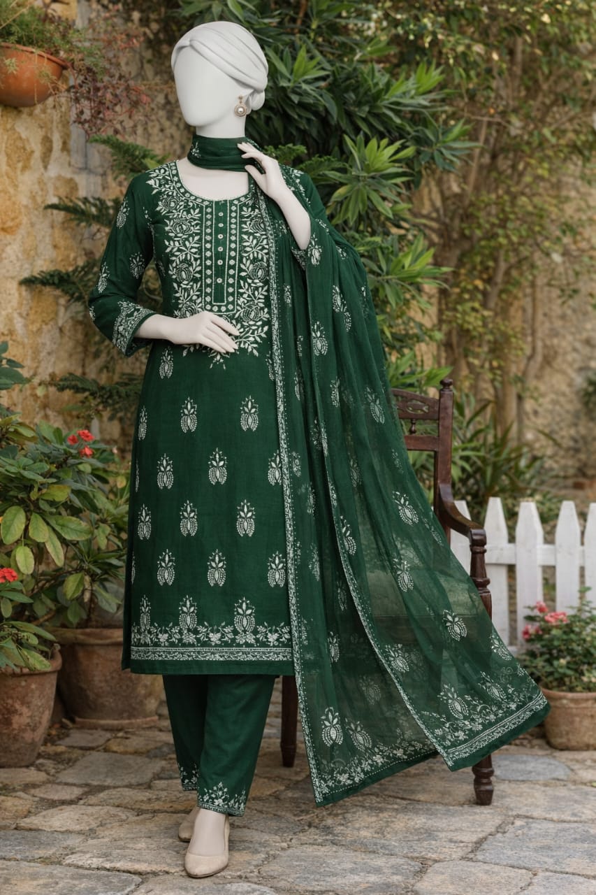 Emerald Green Embroidered Lawn Suit with Printed Dupatta