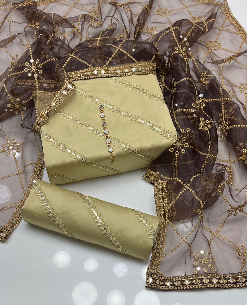 Elegant Golden Embroidered 3-Piece Suit with Luxury Dupatta