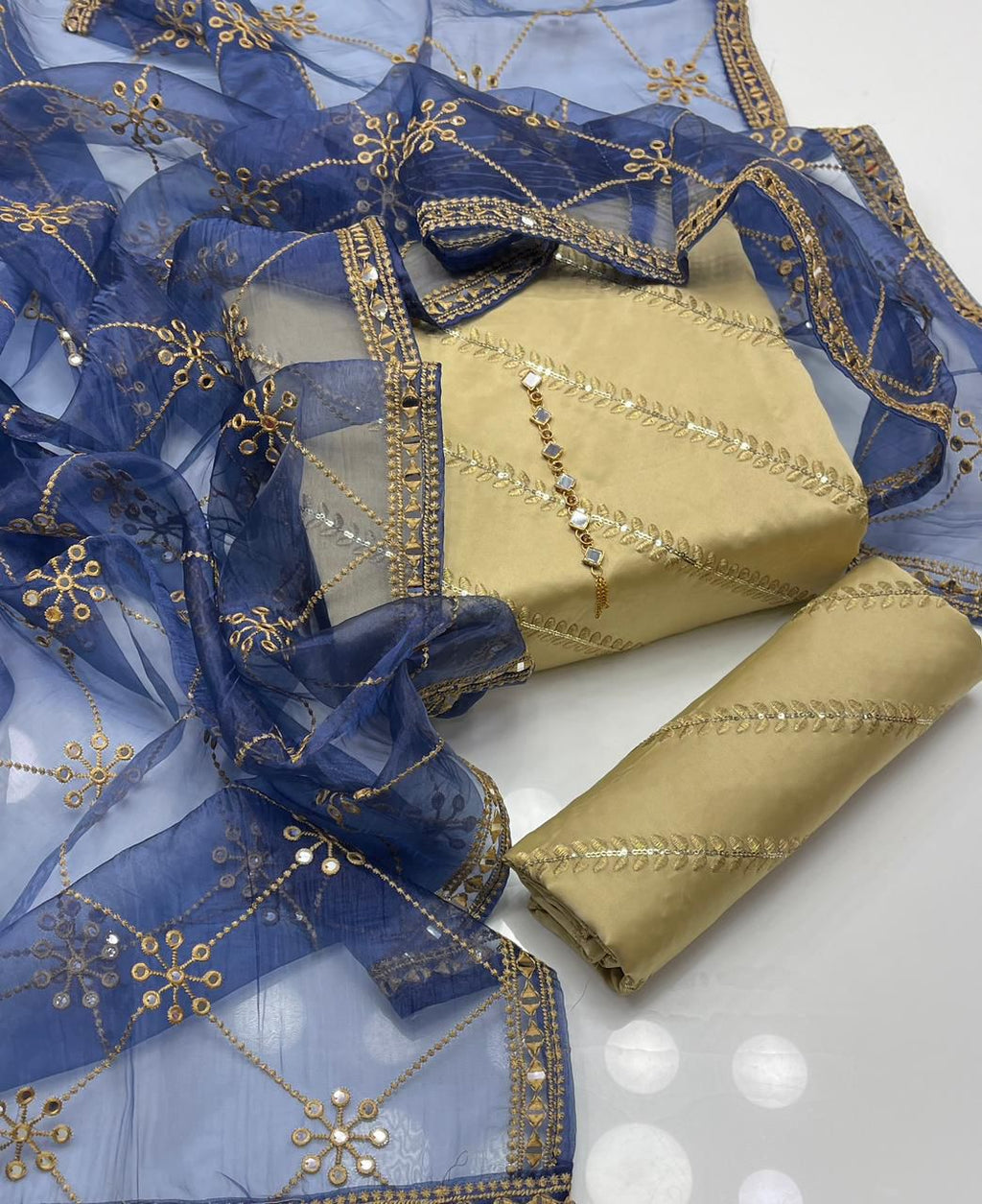 Elegant Golden Anarkali Dress with Navy Blue Embroidered Dupatta