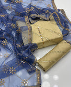 Elegant Golden Anarkali Dress with Navy Blue Embroidered Dupatta