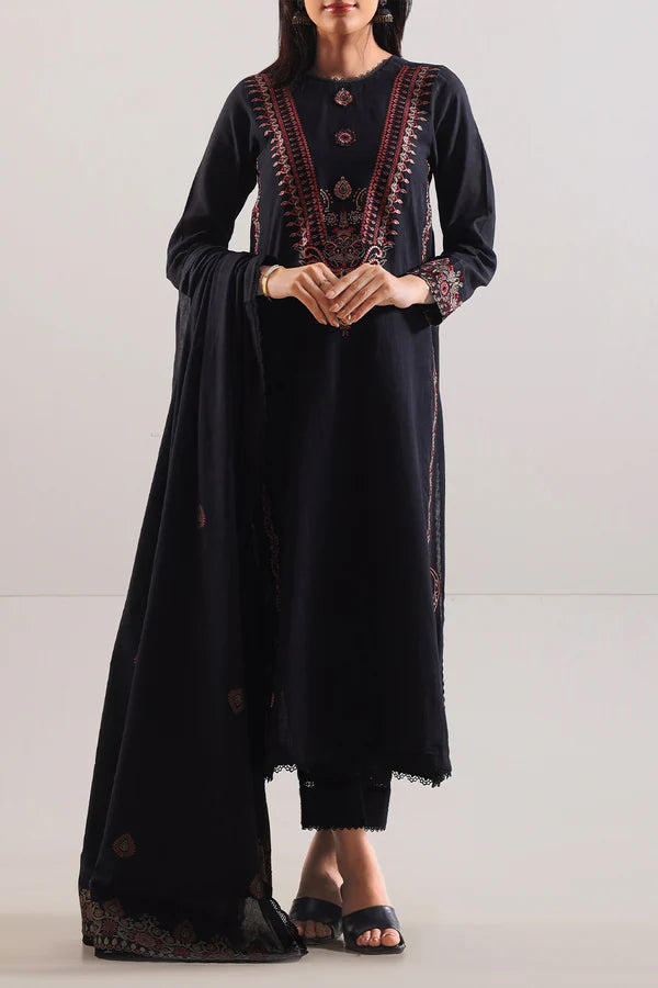 Unstitched Solid Embroidered Cotton Khaddar 3 Piece